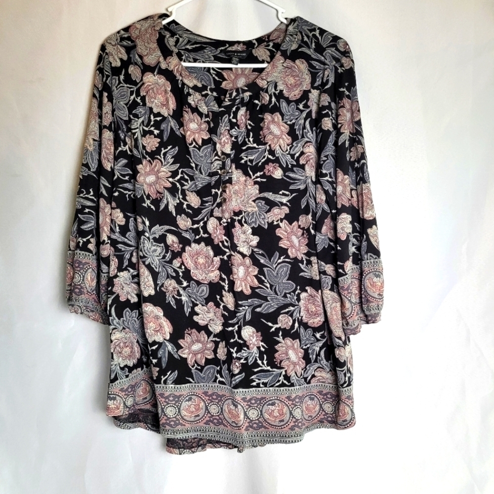 Lucky Brand Women's Size 2X Plus Floral 3/4 Sleeve Vneck Blouse Top